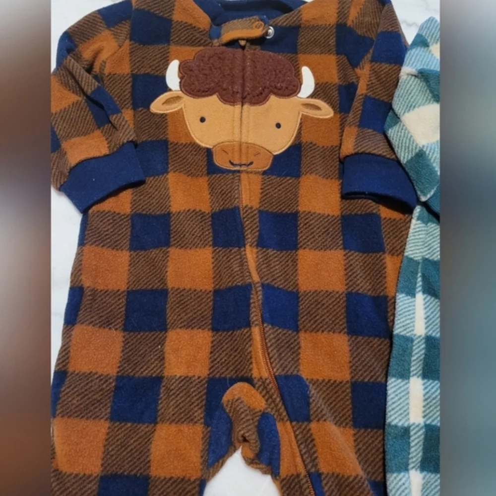 Carter's Fleece Brown Green Plaid Dinosaur Onsie Bundle Set Size 3 To 6 Months